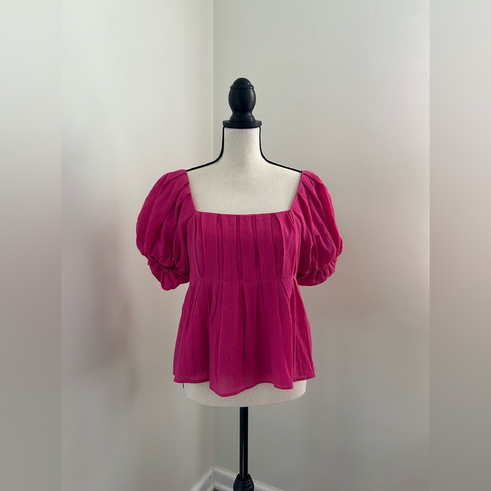 Fuchsia Puff Sleeve Tie Back Blouse